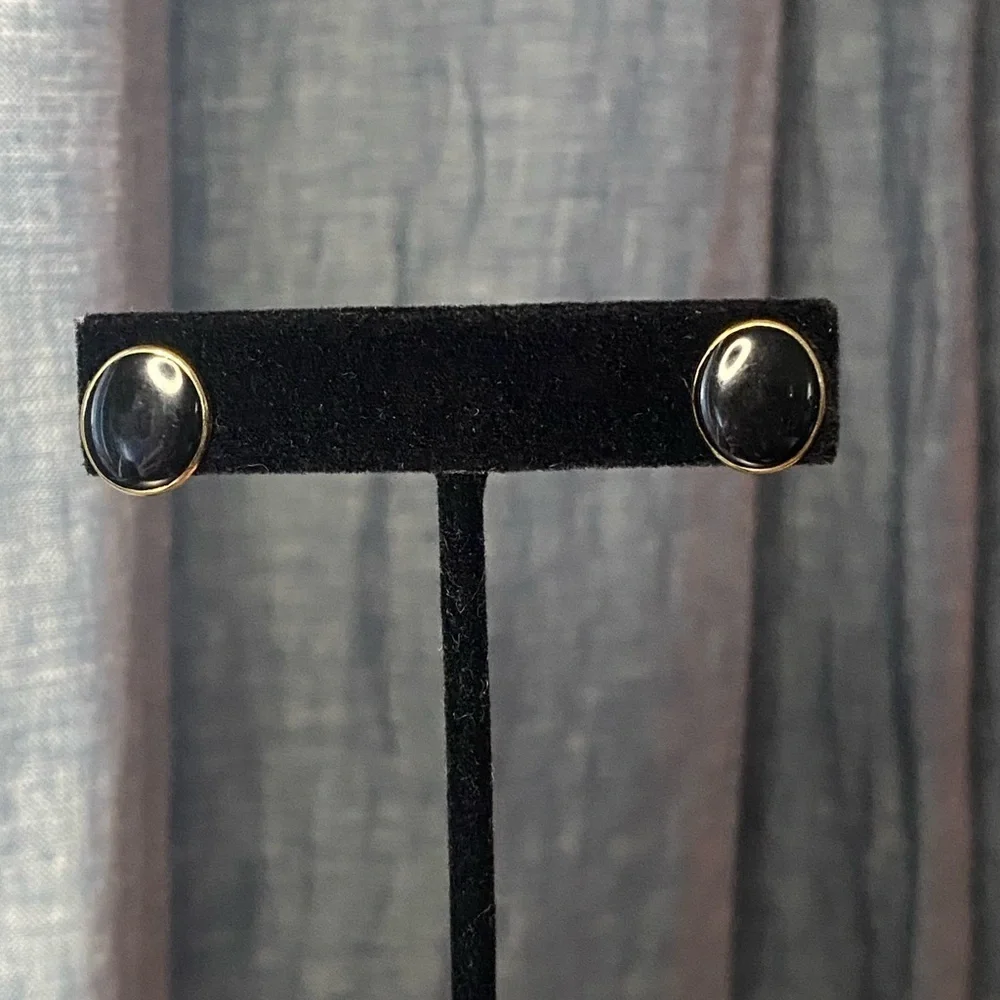 Vintage Gold Tone Bracelet & Earrings Set Black Faceted‎ Stones Sunburst Mark